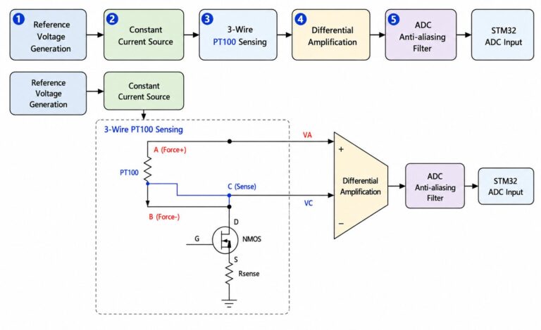 3-wire PT100 constant current analog front end circuit using TLV9062 and INA826